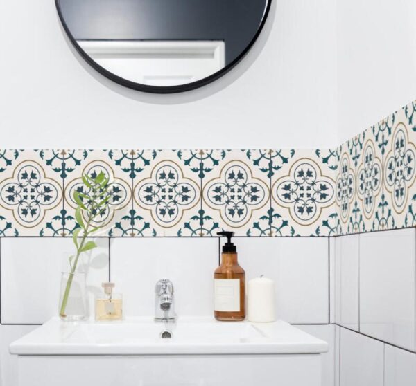 Fliesenaufkleber azulejo ornamente in Blaugrün fuer das Bad