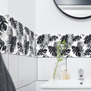 Fliesenaufkleber jungle Monstera in Schwarz fuer das Bad