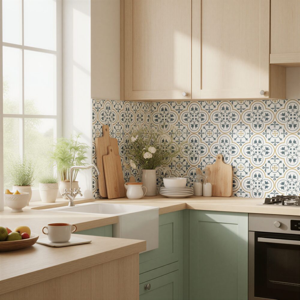Fliesenaufkleber azulejo ornamente in Blaugrün fuer die Kueche