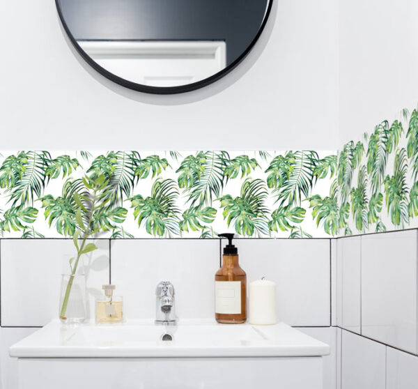 Fliesenaufkleber jungle Monstera in Beige fuer das Bad