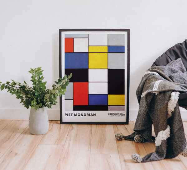 Entdecken Sie das zeitlose Piet Mondrian Komposition A, 1923 Vintage Poster – ein Meisterwerk des De Stijl Stils.